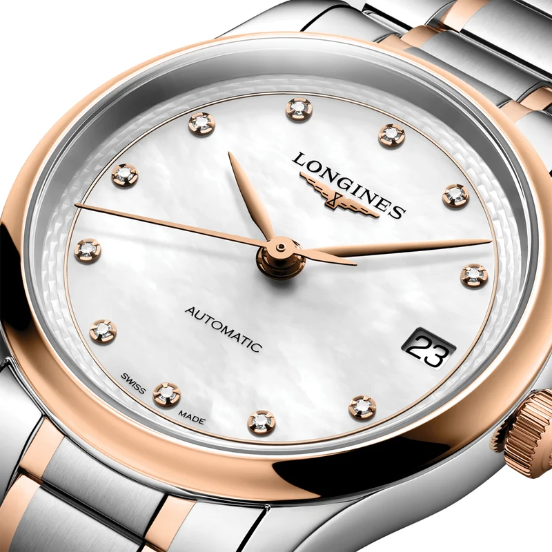 Master Collection 5N Rose Gold Tow-Tone 34mm - White, Mother-of-Pearl, Diamond-Set on Bracelet