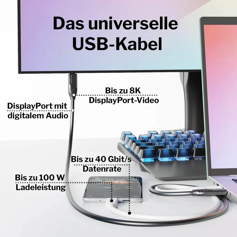 USB-C-Kabel - USB 4.0, Power Delivery 3, Thunderbolt 4, schwarz - 2m