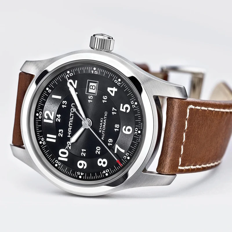 Khaki Field Auto 42mm - Black on Leather Strap