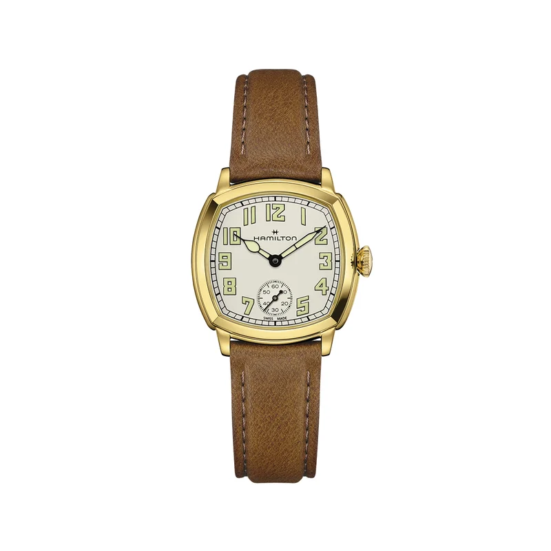 American Classic Cushion Mechanical PVD Gold-Tone 30mm - Beige on Leather Strap