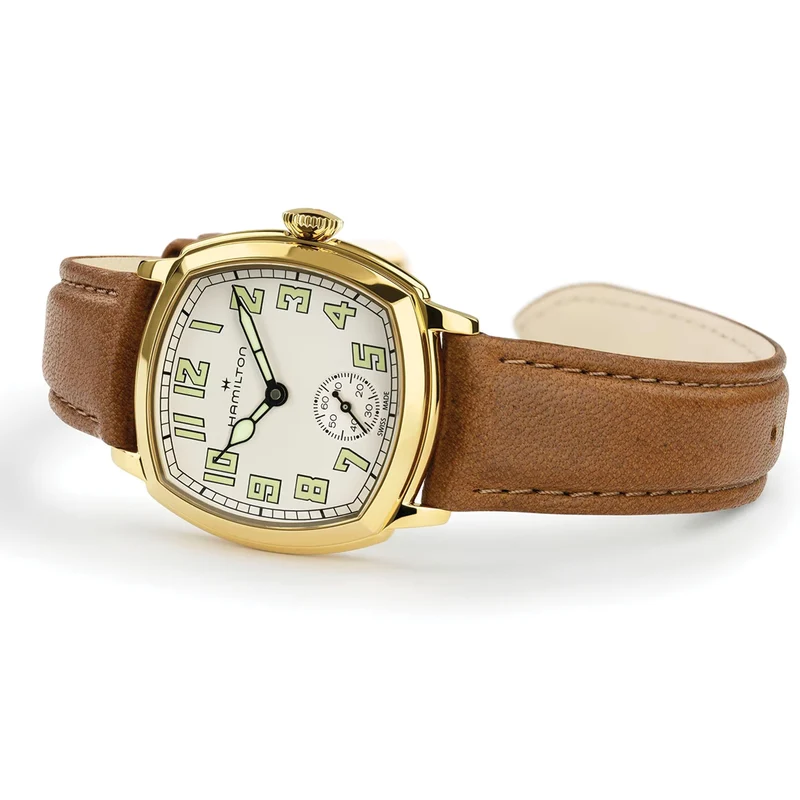 American Classic Cushion Mechanical PVD Gold-Tone 30mm - Beige on Leather Strap