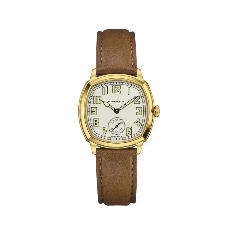 American Classic Cushion Mechanical PVD Gold-Tone 34mm - Beige on Leather Strap
