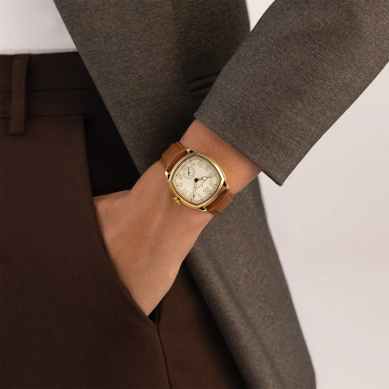 American Classic Cushion Mechanical PVD Gold-Tone 34mm - Beige on Leather Strap