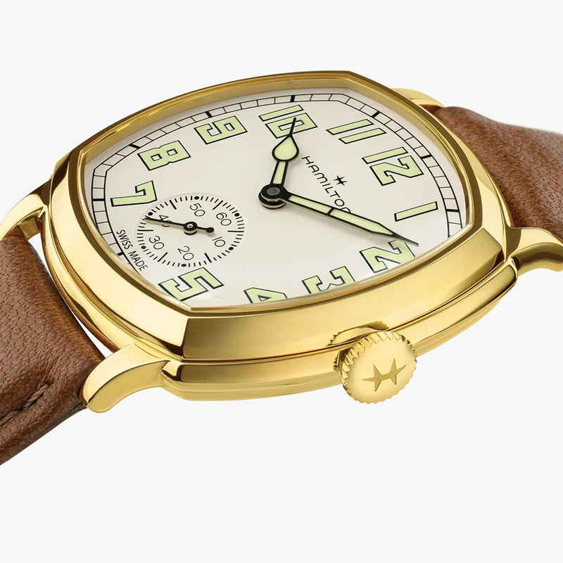 American Classic Cushion Mechanical PVD Gold-Tone 34mm - Beige on Leather Strap