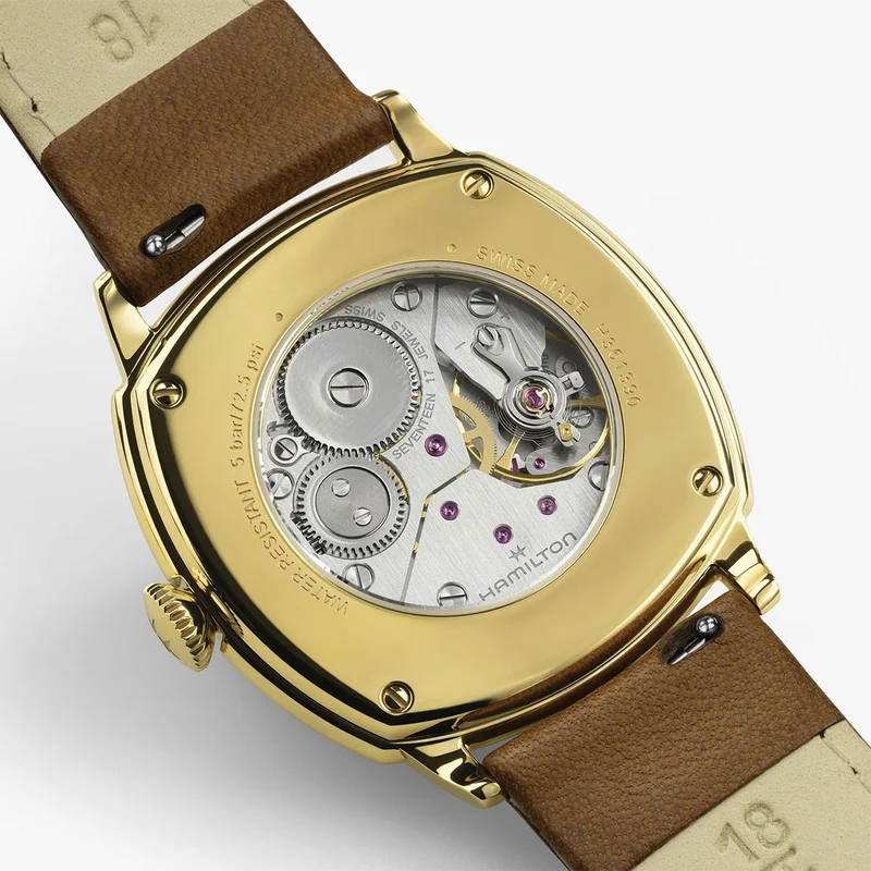 American Classic Cushion Mechanical PVD Gold-Tone 34mm - Beige on Leather Strap