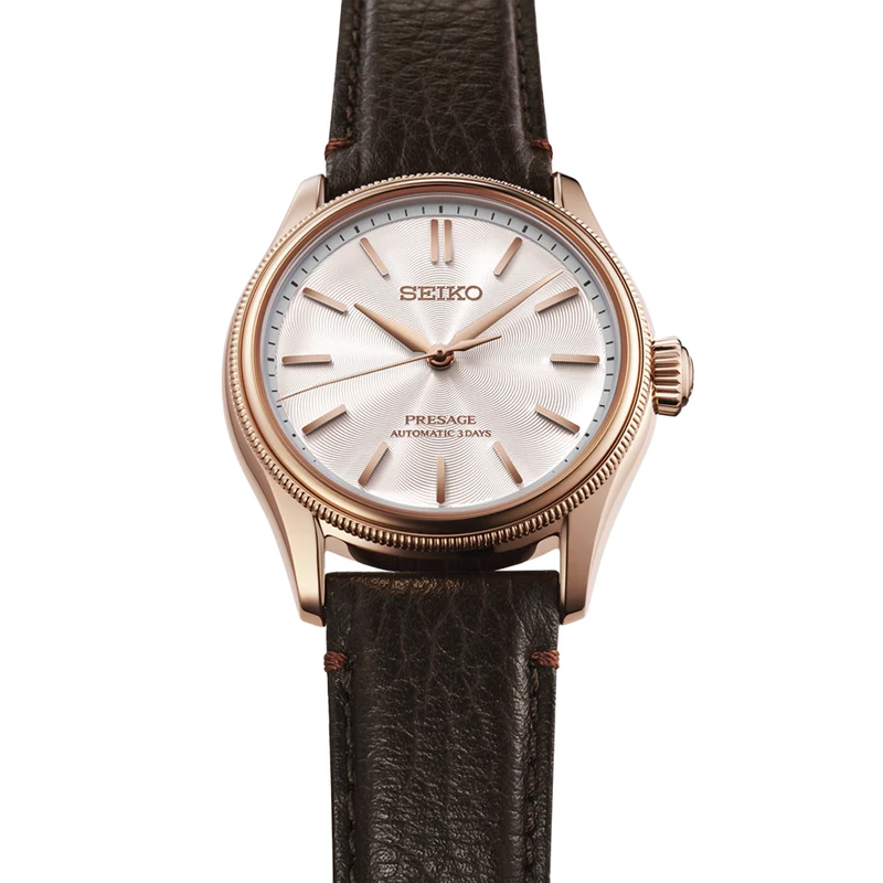 HCC008 Presage Classic Series Limited Edition Pink Gold Plated 38mm - Silver on Leather Strap