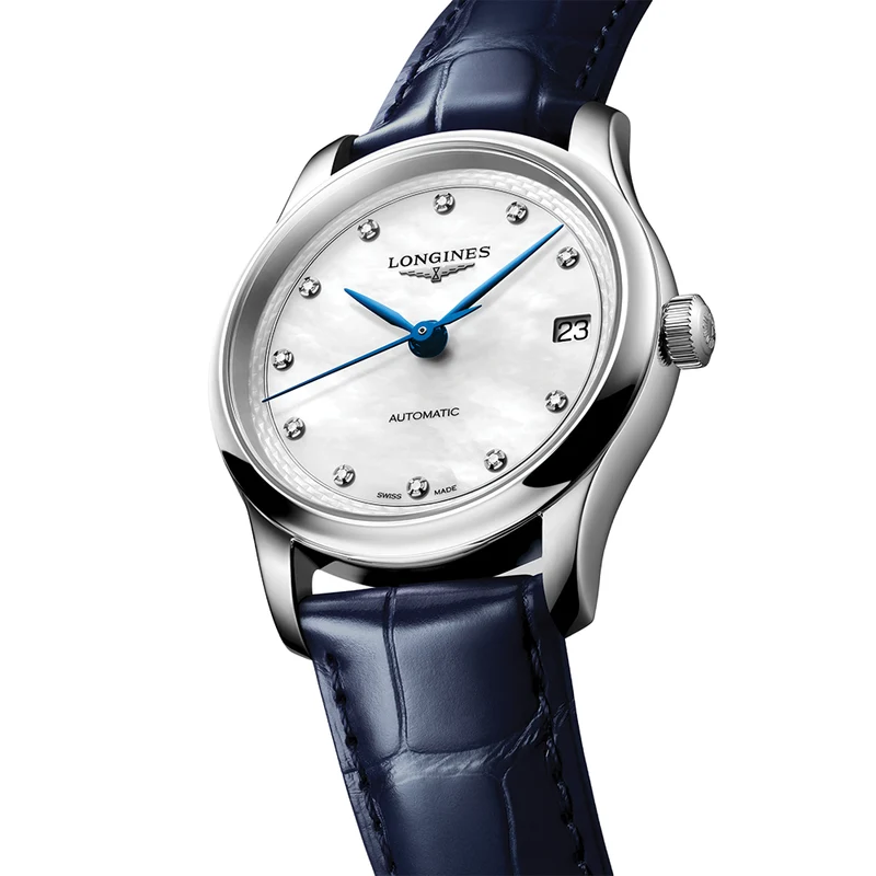 Master Collection 34mm - White, Mother-of-Pearl, Diamond-Set on Leather Strap