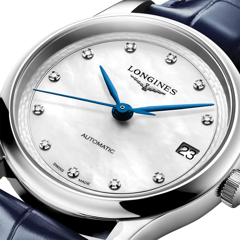 Master Collection 34mm - White, Mother-of-Pearl, Diamond-Set on Leather Strap