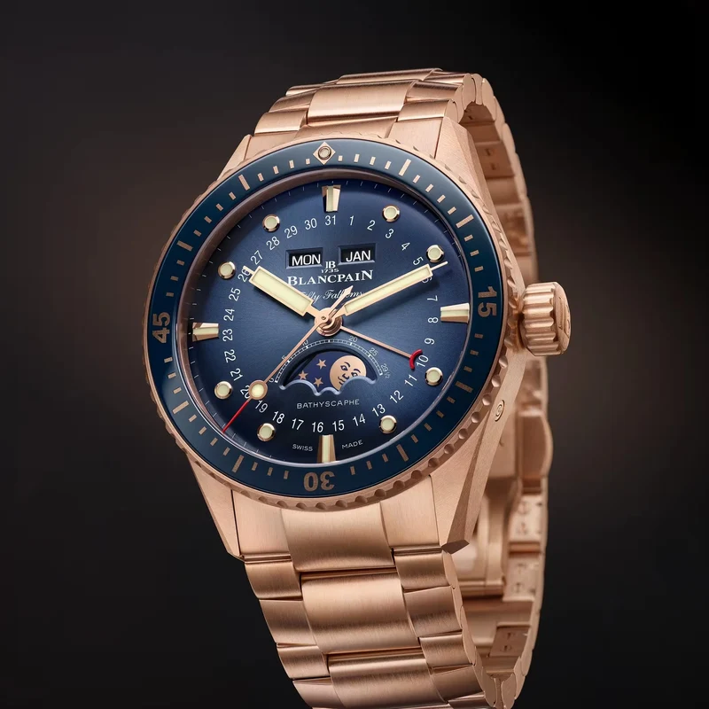 Fifty Fathoms Bathyscaphe Quantième Complet Phases de Lune Red Gold 43mm - Blue on Bracelet