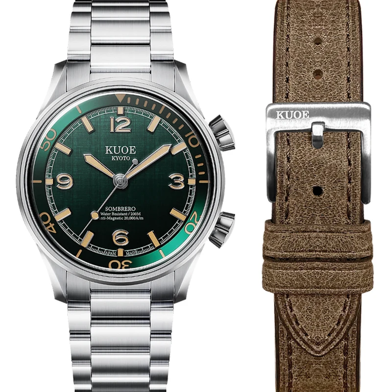 SOMBRERO 38mm - Green on Flat-Link Bracelet w/ Additional Leather Strap