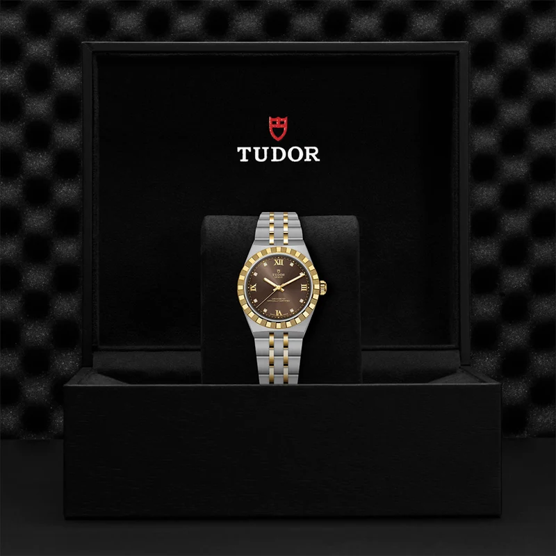 TUDOR Royal Yellow Gold Two-Tone 30mm - Brown, Diamond-Set on Bracelet