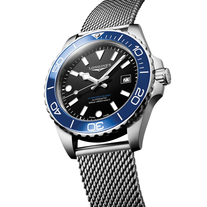HydroConquest 42mm - Black, Blue Bezel on Mesh Bracelet