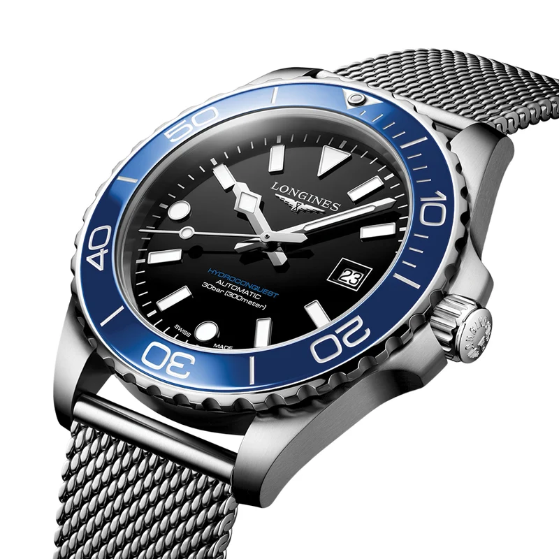 HydroConquest 42mm - Black, Blue Bezel on Mesh Bracelet