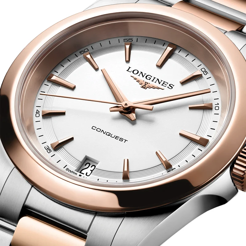 Conquest Quartz Pink PVD Two-Tone 34mm - White on Bracelet