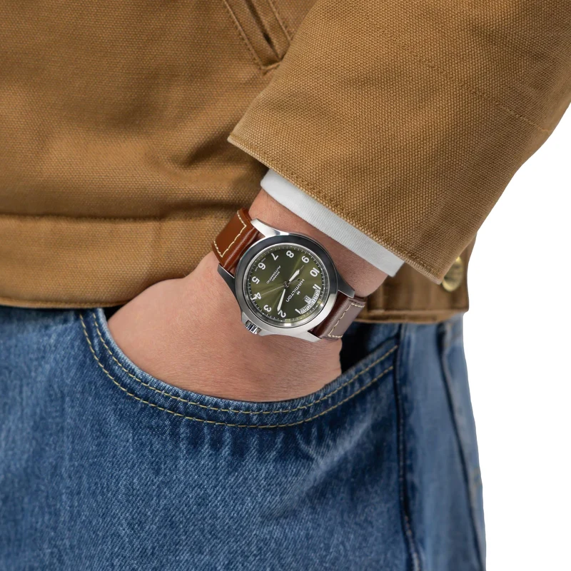 Khaki Field Auto 40mm - Green on Brown Leather Strap