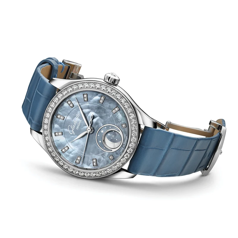 Serenade Luna "Skyline Blue" 32.5mm - Blue w/ Diamonds and Diamond Bezel on Leather Strap