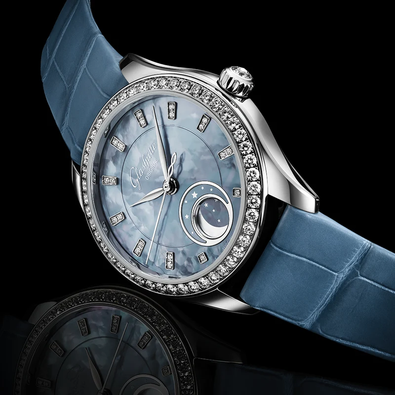 Serenade Luna "Skyline Blue" 32.5mm - Blue w/ Diamonds and Diamond Bezel on Leather Strap