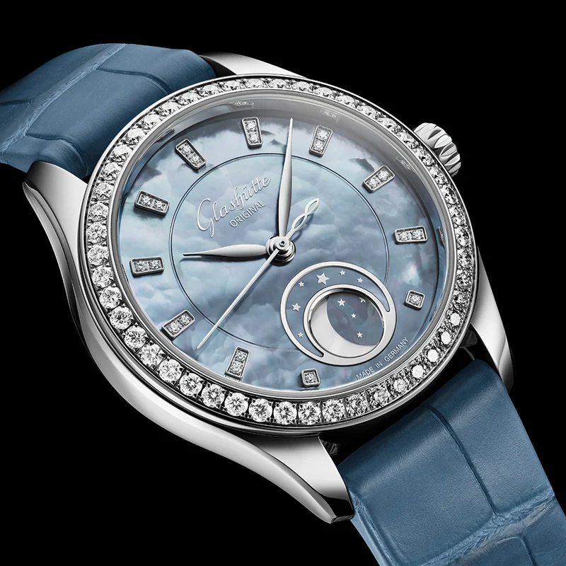 Serenade Luna "Skyline Blue" 32.5mm - Blue w/ Diamonds and Diamond Bezel on Leather Strap