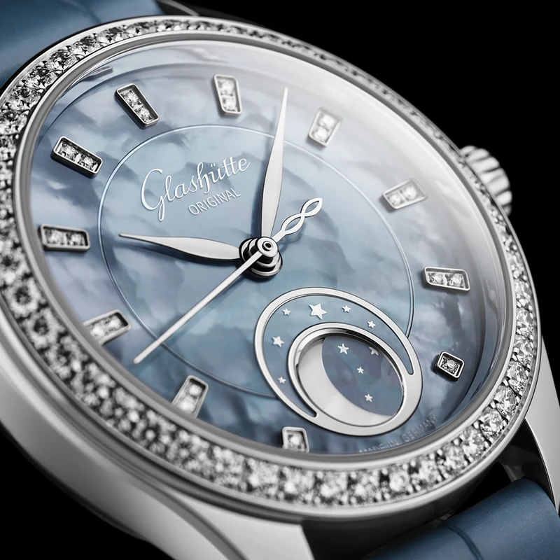 Serenade Luna "Skyline Blue" 32.5mm - Blue w/ Diamonds and Diamond Bezel on Leather Strap