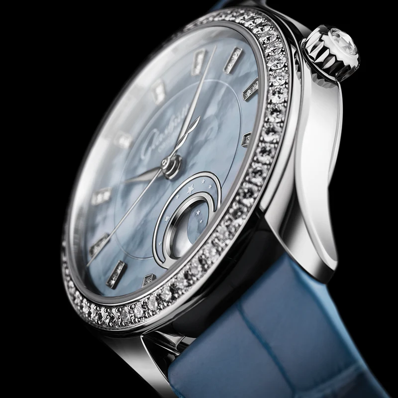 Serenade Luna "Skyline Blue" 32.5mm - Blue w/ Diamonds and Diamond Bezel on Leather Strap