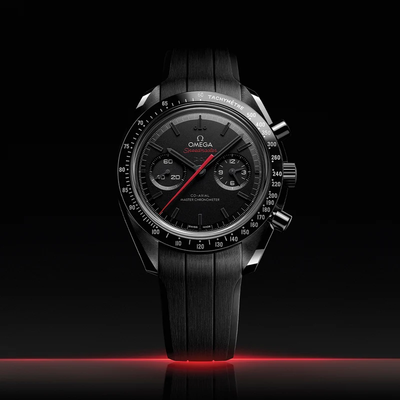 Speedmaster Dark Side of the Moon Black Ceramic 44.25mm - Full Black w/ Red Seconds Hand on Rubber Strap