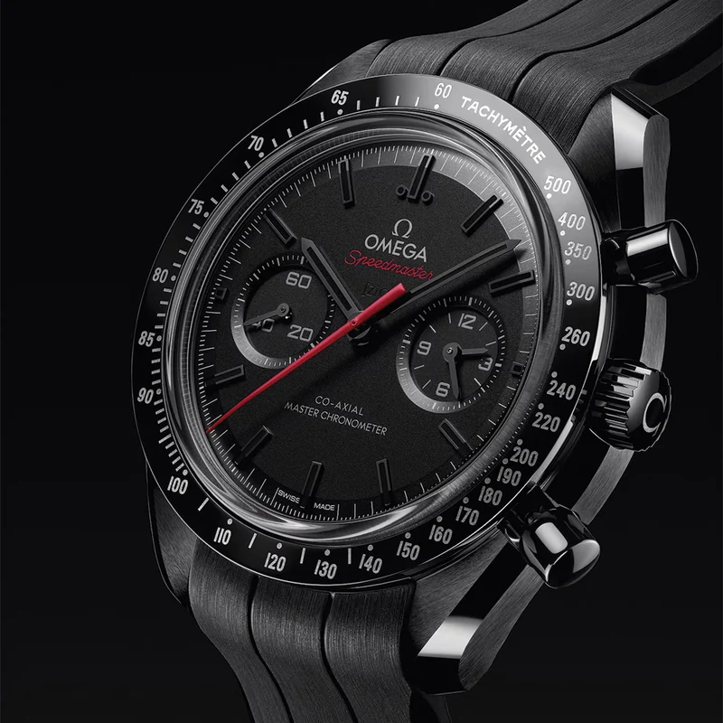 Speedmaster Dark Side of the Moon Black Ceramic 44.25mm - Full Black w/ Red Seconds Hand on Rubber Strap