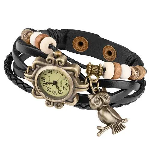 Damen Lady Vintage Retro Quarz Armbanduhr mit Eule