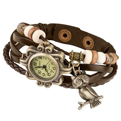 Damen Lady Vintage Retro Quarz Armbanduhr mit Eule
