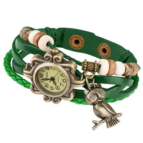 Damen Lady Vintage Retro Quarz Armbanduhr mit Eule