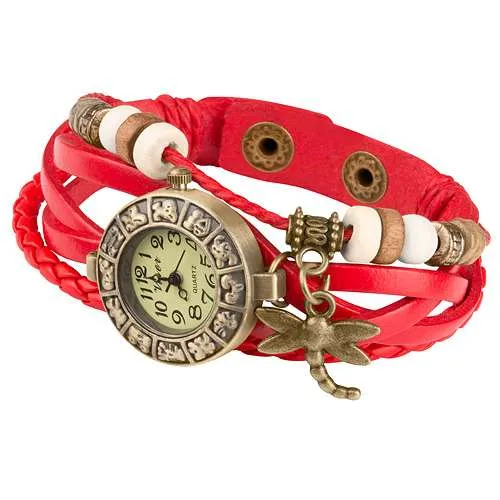 Damen Lady Vintage Retro Quarz Armbanduhr mit Libelle