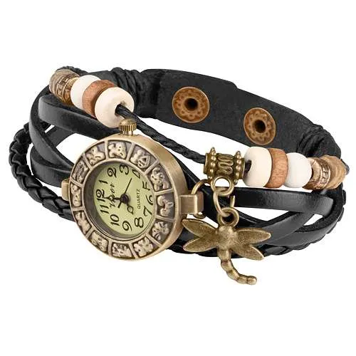 Damen Lady Vintage Retro Quarz Armbanduhr mit Libelle