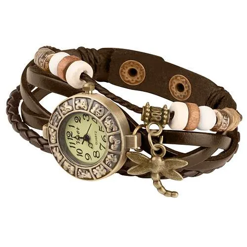Damen Lady Vintage Retro Quarz Armbanduhr mit Libelle