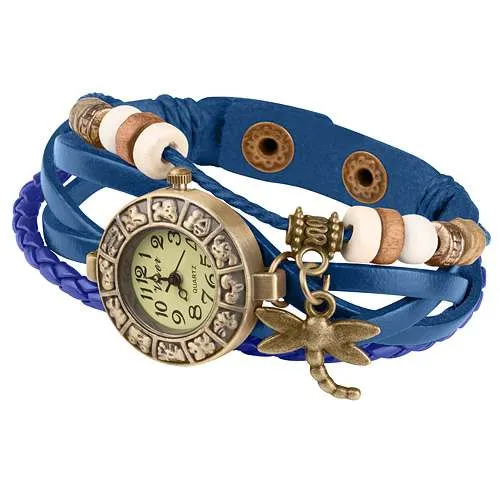 Damen Lady Vintage Retro Quarz Armbanduhr mit Libelle