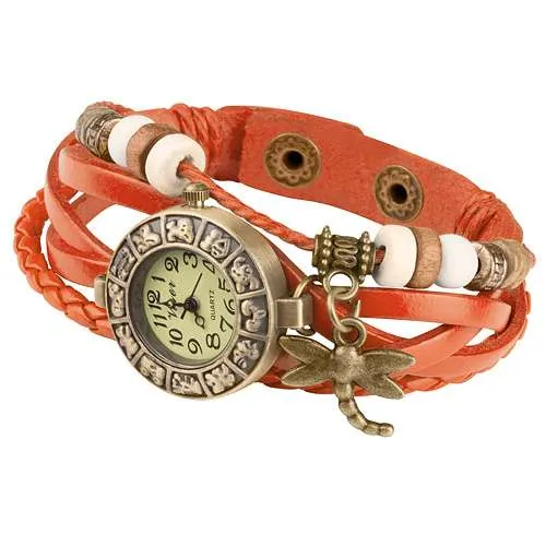 Damen Lady Vintage Retro Quarz Armbanduhr mit Libelle