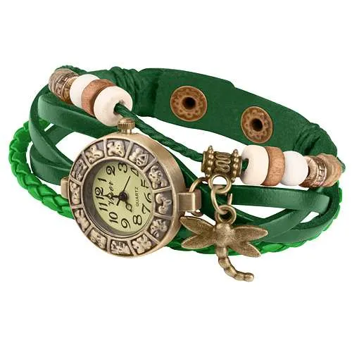 Damen Lady Vintage Retro Quarz Armbanduhr mit Libelle