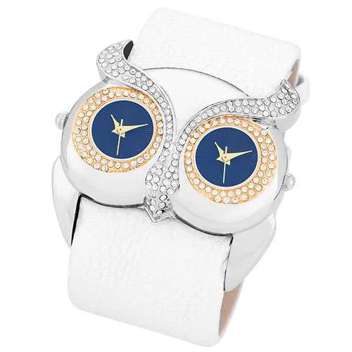 Armbanduhr für Damen Dual Uhr Eule mit Kristallen besetzt 2 Zeitzohnen