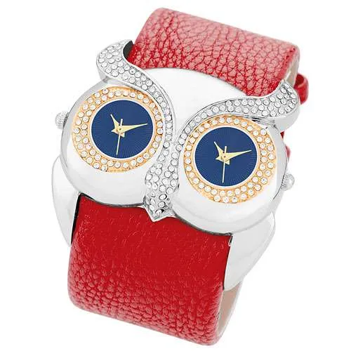 Armbanduhr für Damen Dual Uhr Eule mit Kristallen besetzt 2 Zeitzohnen