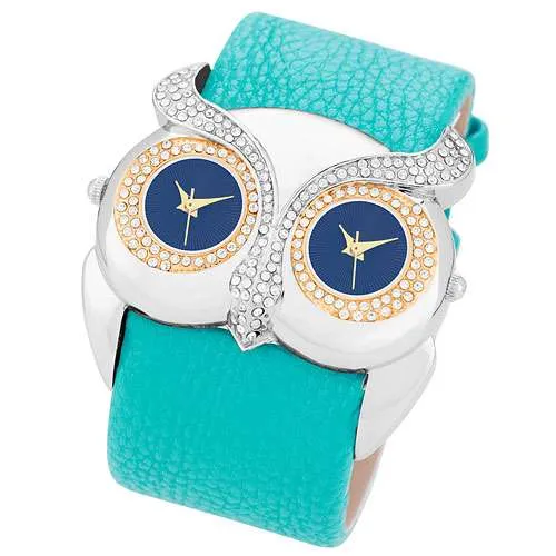 Armbanduhr für Damen Dual Uhr Eule mit Kristallen besetzt 2 Zeitzohnen