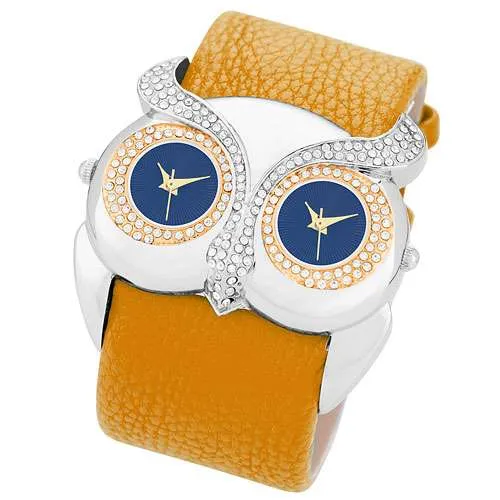 Armbanduhr für Damen Dual Uhr Eule mit Kristallen besetzt 2 Zeitzohnen