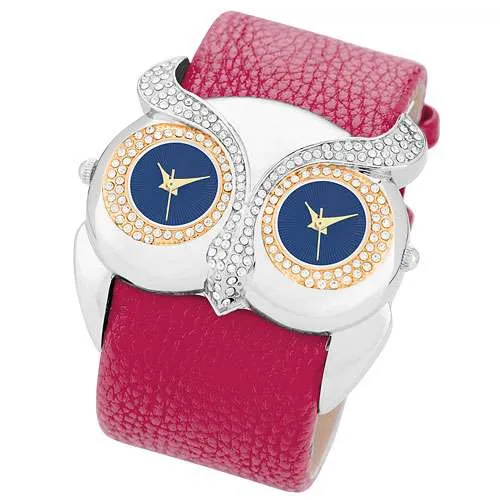 Armbanduhr für Damen Dual Uhr Eule mit Kristallen besetzt 2 Zeitzohnen