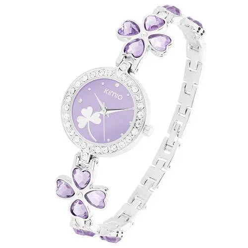 Damen Armbanduhr mit Kristallen und Glücksbringer Kleeblatt