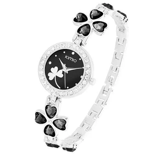Damen Armbanduhr mit Kristallen und Glücksbringer Kleeblatt