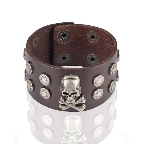 Leder Biker Armband Gothik Schwarz / Braun mit Totenkopf