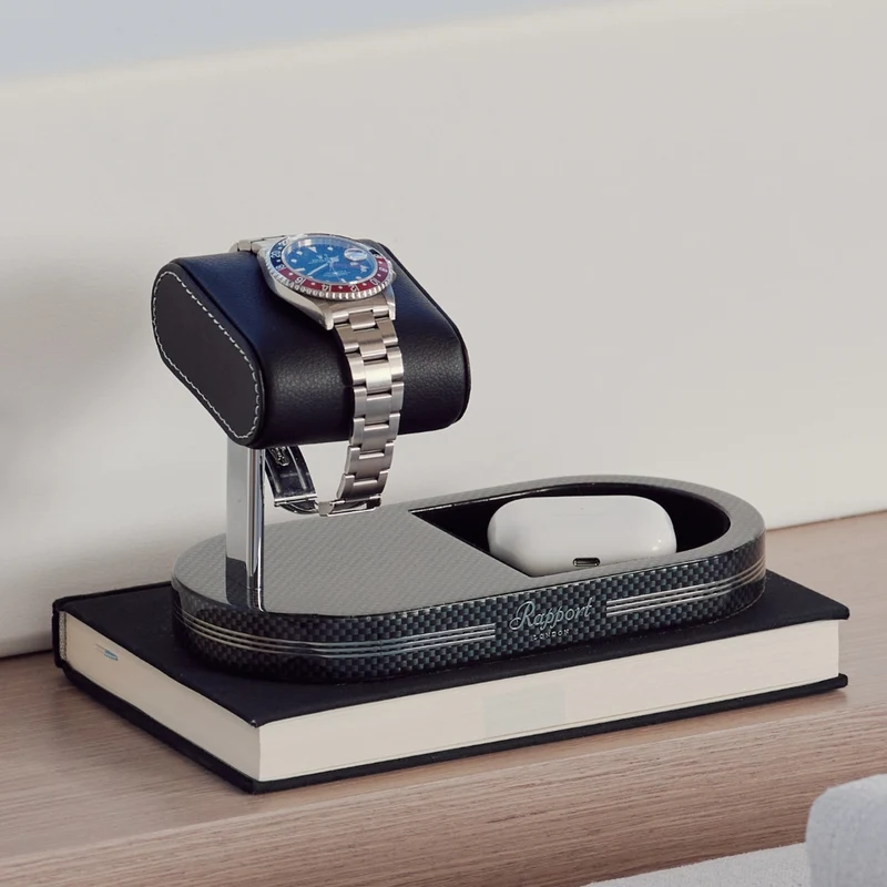 Formula Watch Stand with Tray - Carbon Fiber Finish