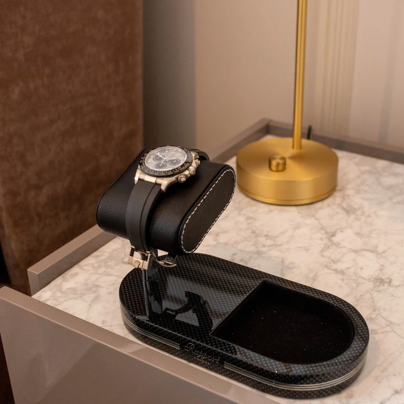 Formula Watch Stand with Tray - Carbon Fiber Finish