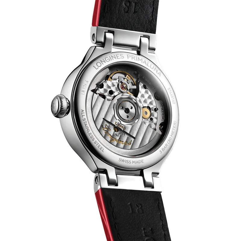 PrimaLuna Moonphase 34mm - White, Mother-of-Pearl w/ Diamonds on Red Leather Strap