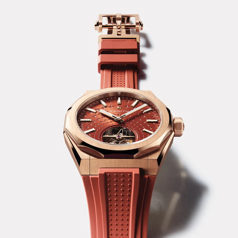 Defy Skyline El Primero Tourbillon Rose Gold 41mm - Red on Bracelet w/ Extra Rubber Strap