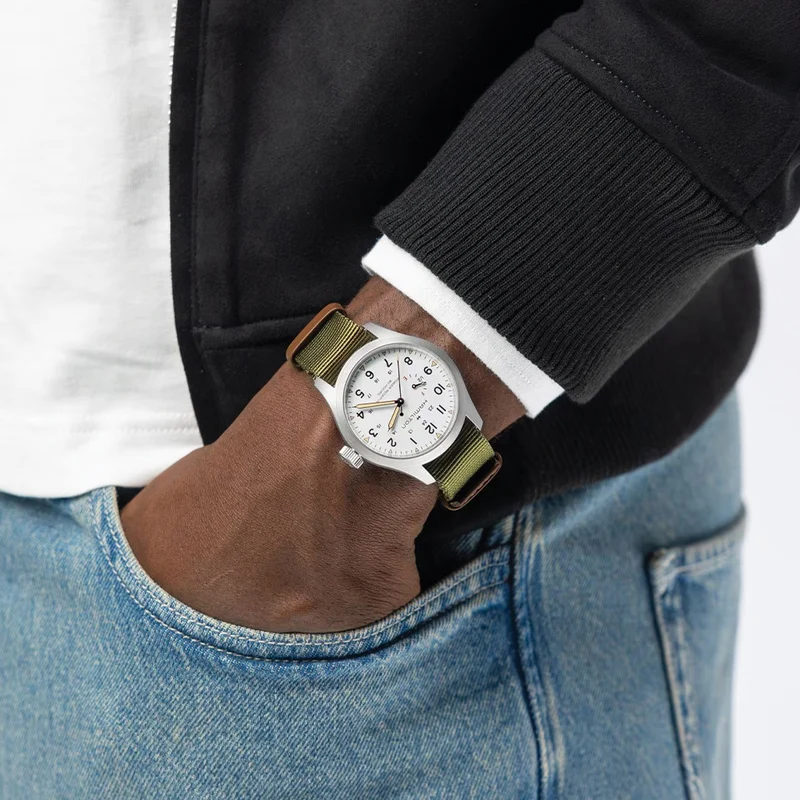 Khaki Field Mechanical Power Reserve 40mm - White on Fabric Strap