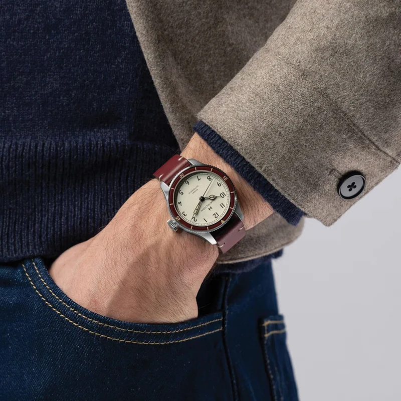 Khaki Aviation Pilot Pioneer Auto 38mm - White on Red Leather Strap