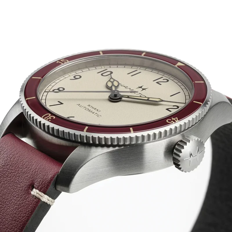 Khaki Aviation Pilot Pioneer Auto 38mm - White on Red Leather Strap